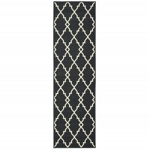 8' Black And Ivory Indoor Outdoor Runner Rug