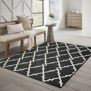 8' Black And Ivory Indoor Outdoor Runner Rug