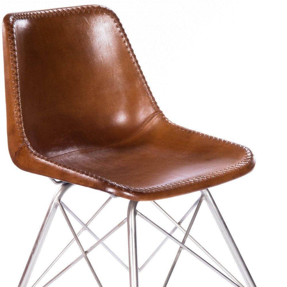 19" Brown and Silver Faux Leather Side Chair