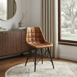 18" Brown Faux Leather Checkered Tufted Side Chair