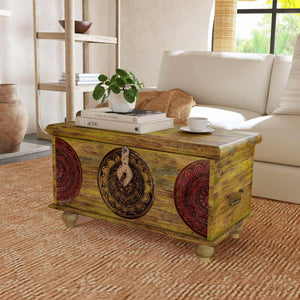 33" Brown and Green Wood Distressed Coffee Table