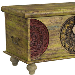 33" Brown and Green Wood Distressed Coffee Table