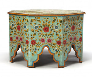 29" Green Wood Hexagon Abstract Floral Coffee Table