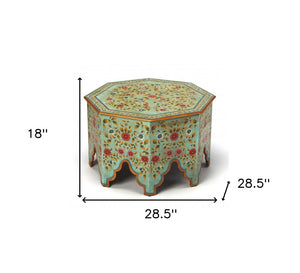 29" Green Wood Hexagon Abstract Floral Coffee Table