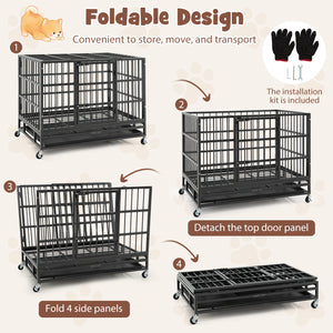 38 Inch Foldable Heavy-Duty Metal Dog Cage with Lockable Rolling Casters and Tray-38 inches