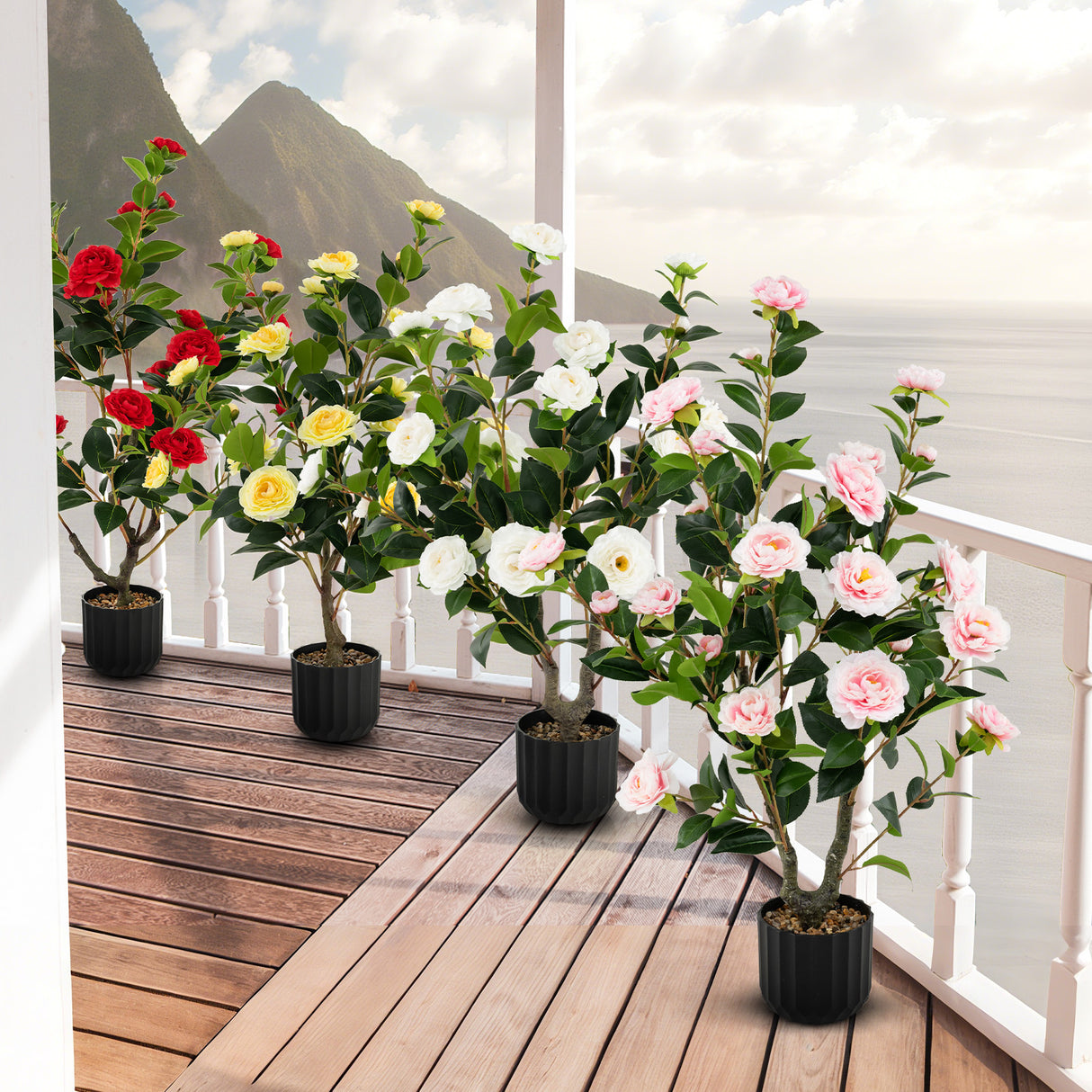 38 Inch Artificial Camellia Tree Faux Flower Plant in Cement Pot-Pink