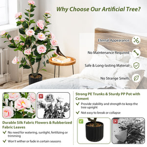 38 Inch Artificial Camellia Tree Faux Flower Plant in Cement Pot-Pink
