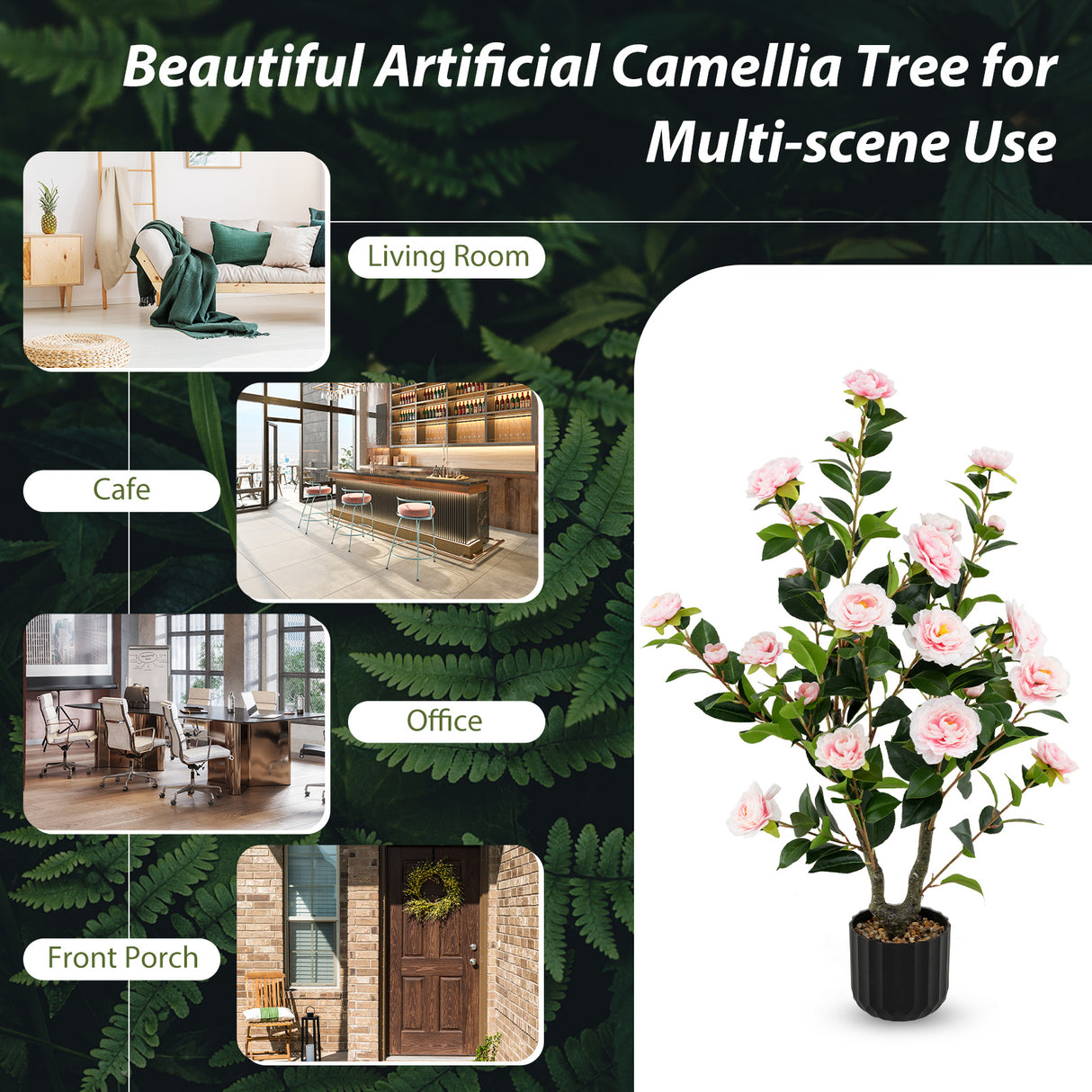 38 Inch Artificial Camellia Tree Faux Flower Plant in Cement Pot-Pink