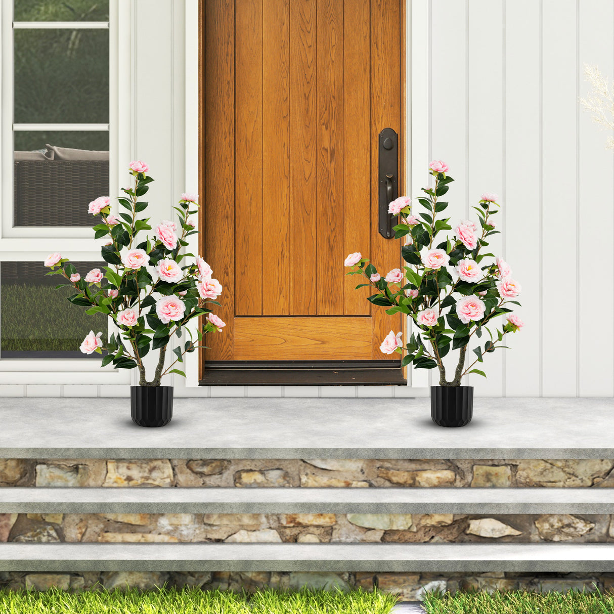 38 Inch Artificial Camellia Tree Faux Flower Plant in Cement Pot 2 Pack-Pink