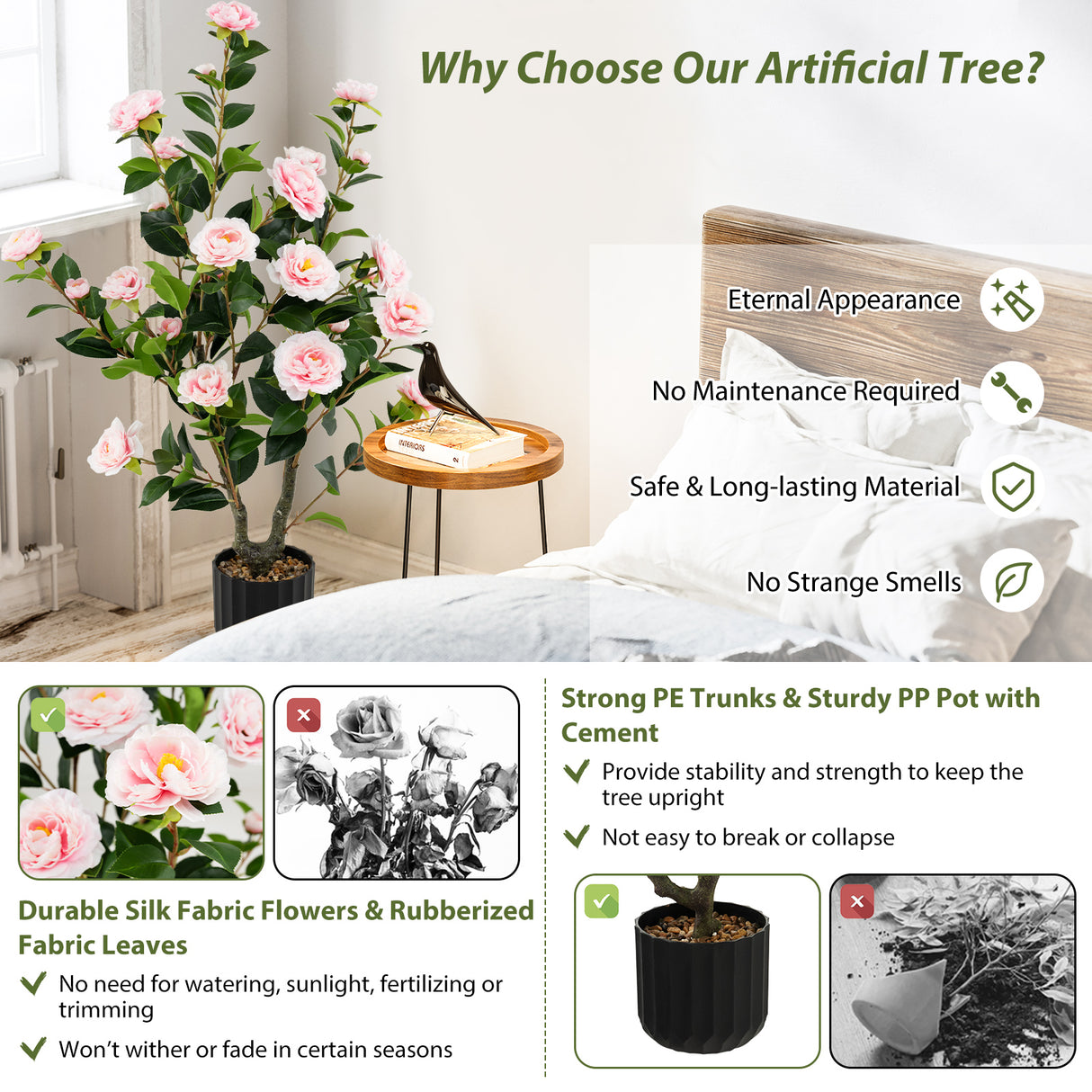 38 Inch Artificial Camellia Tree Faux Flower Plant in Cement Pot 2 Pack-Pink