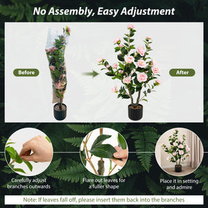 38 Inch Artificial Camellia Tree Faux Flower Plant in Cement Pot 2 Pack-Pink