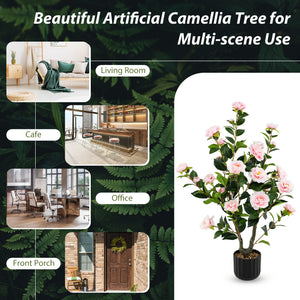 38 Inch Artificial Camellia Tree Faux Flower Plant in Cement Pot 2 Pack-Pink