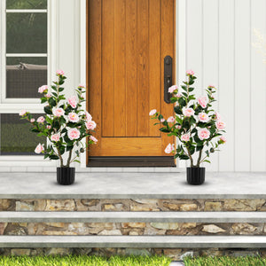 38 Inch Artificial Camellia Tree Faux Flower Plant in Cement Pot 2 Pack-Pink