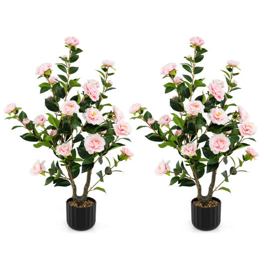38 Inch Artificial Camellia Tree Faux Flower Plant in Cement Pot 2 Pack-Pink