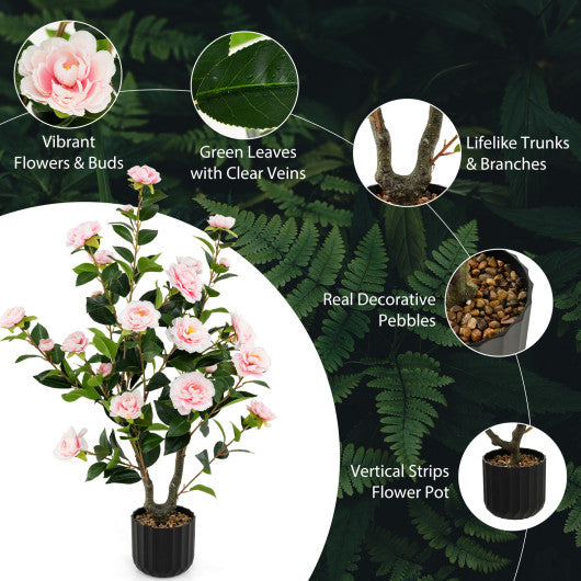 38 Inch Artificial Camellia Tree Faux Flower Plant in Cement Pot-Pink