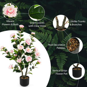 38 Inch Artificial Camellia Tree Faux Flower Plant in Cement Pot-Pink
