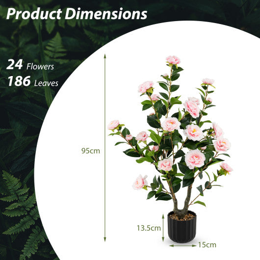 38 Inch Artificial Camellia Tree Faux Flower Plant in Cement Pot-Pink
