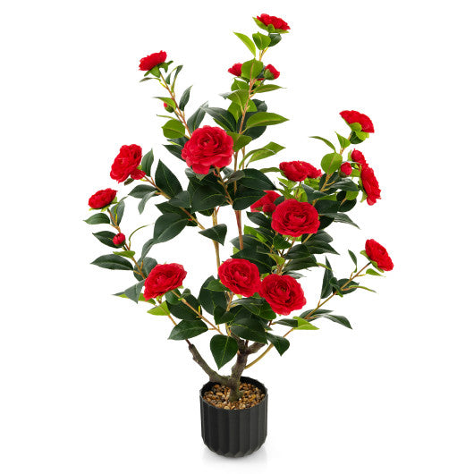 38 Inch Artificial Camellia Tree Faux Flower Plant in Cement Pot 2 Pack-Red