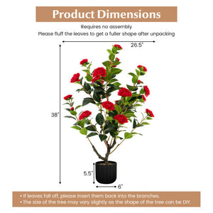 38 Inch Artificial Camellia Tree Faux Flower Plant in Cement Pot 2 Pack-Red