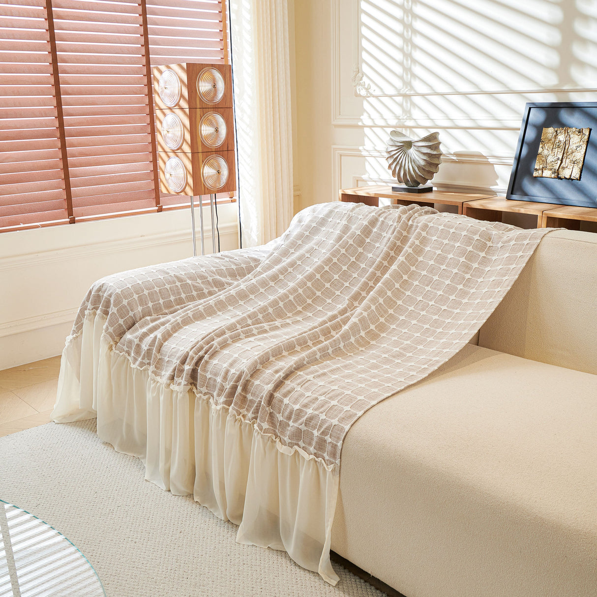 Grid Textured Sofa Cover with Sheer Ruffle Skirt, Pet-Friendly Sofa Throw Slipcover