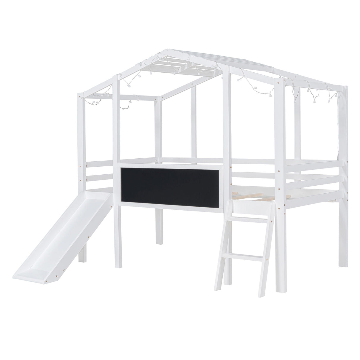 Loft House Bed With Ladder And Slide, With Blackboard And Light Strip On The Roof by Couch.com
