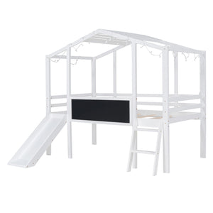 Loft House Bed With Ladder And Slide, With Blackboard And Light Strip On The Roof by Couch.com