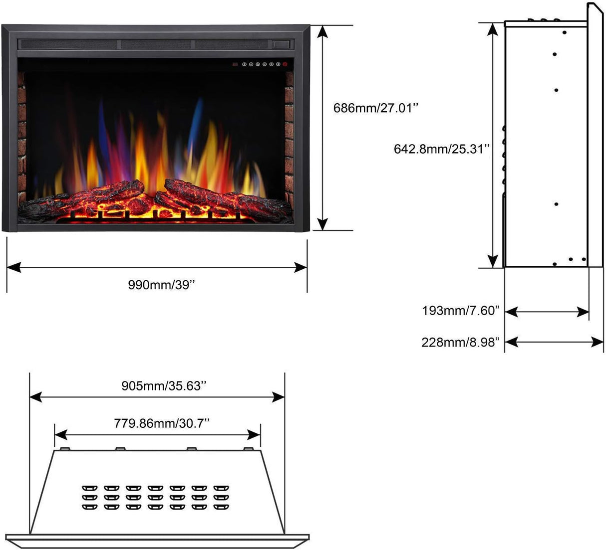 39 Inch Electric Fireplace Insert Adjuatble Flame Colors 939A