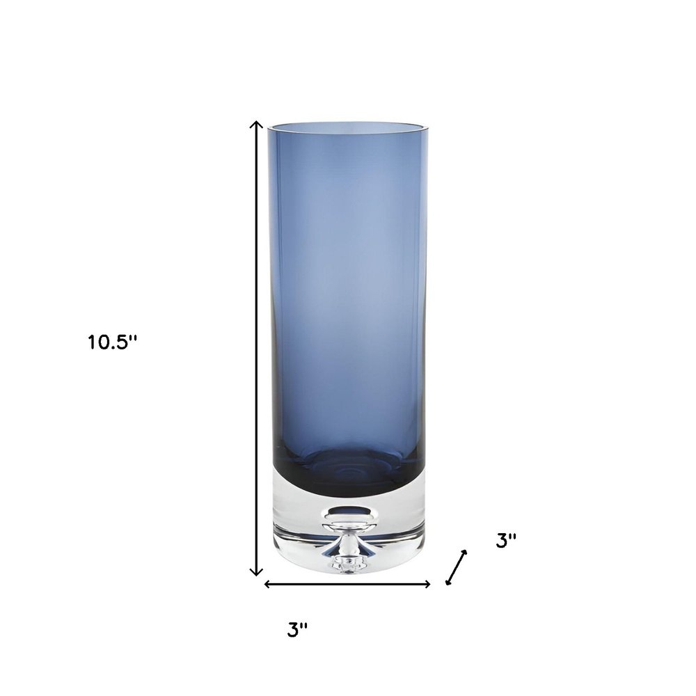 11" Blue And Clear Cylinder Crystal Glass Table Vase