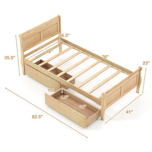 Twin Size Sleigh Bed with 2 Storage Drawers Wood Platform Bed Frame-Natural