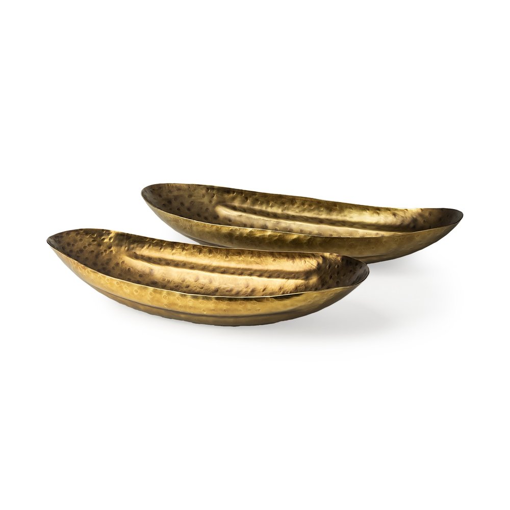 Set of Two Gold Hammered Metal Boat Shaped Decorative Bowls