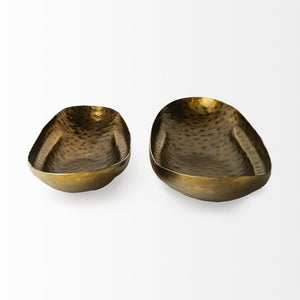 Set of Two Gold Hammered Metal Boat Shaped Decorative Bowls