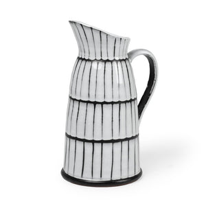 13" Black And White Ceramic Cylinder Jug Vase With Sculptural Details