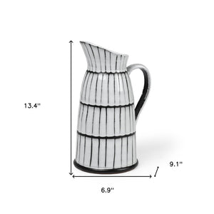 13" Black And White Ceramic Cylinder Jug Vase With Sculptural Details