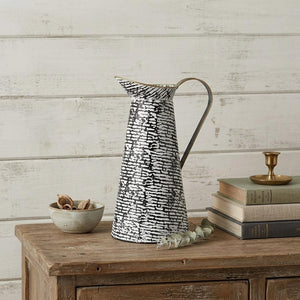 14" Black And White Abstract Cylinder Metal Jug Vase