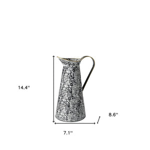14" Black And White Abstract Cylinder Metal Jug Vase