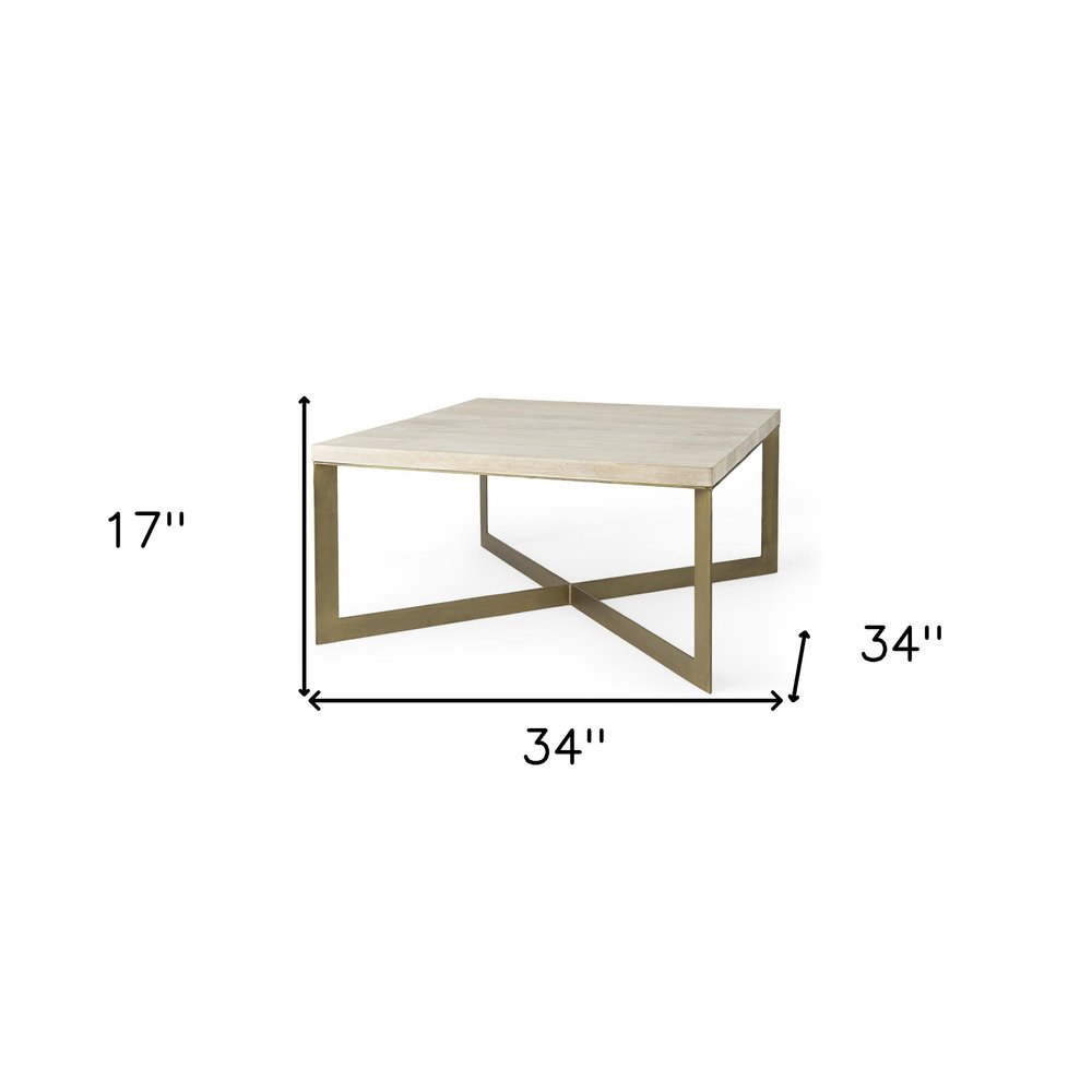 34" Beige Wood and Metal Square Coffee Table