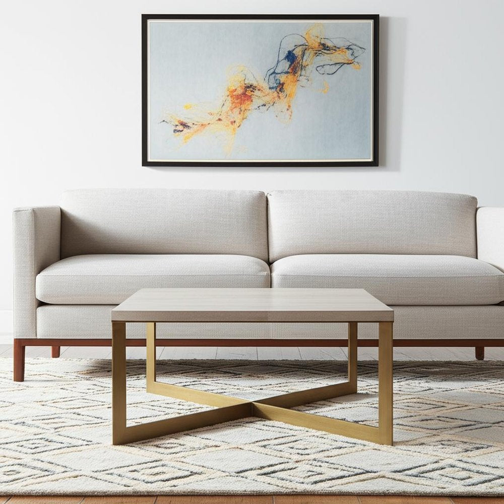 34" Beige Wood and Metal Square Coffee Table