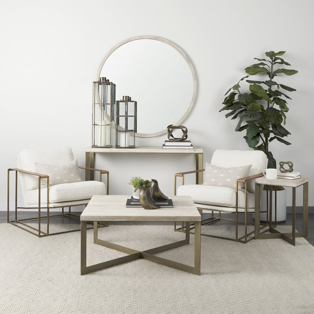 34" Beige Wood and Metal Square Coffee Table