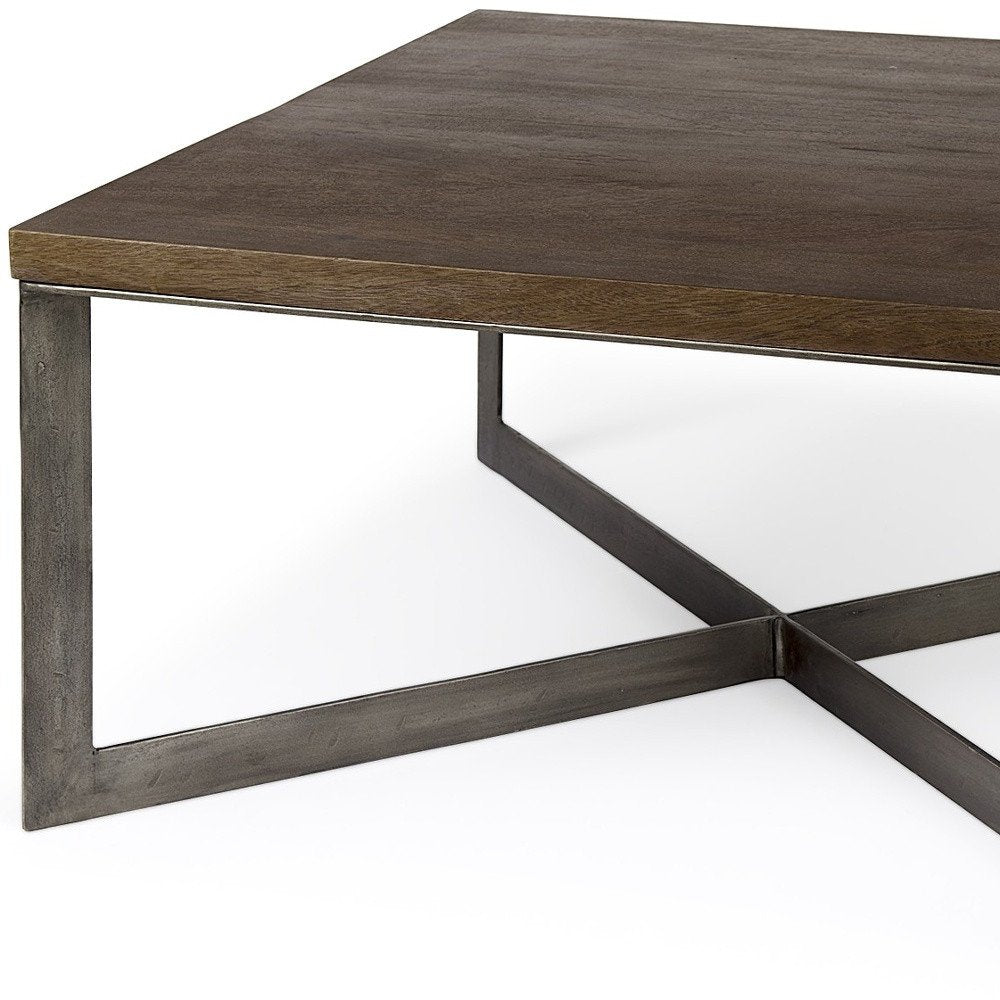 34" Brown Solid Wood and Metal Square Coffee Table