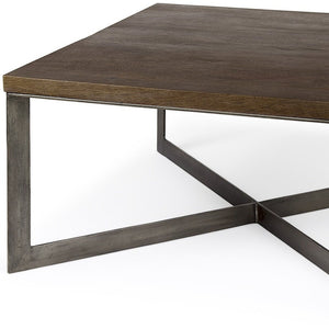 34" Brown Solid Wood and Metal Square Coffee Table