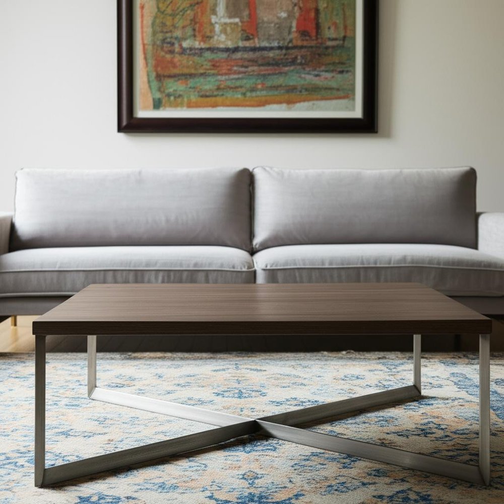 34" Brown Solid Wood and Metal Square Coffee Table