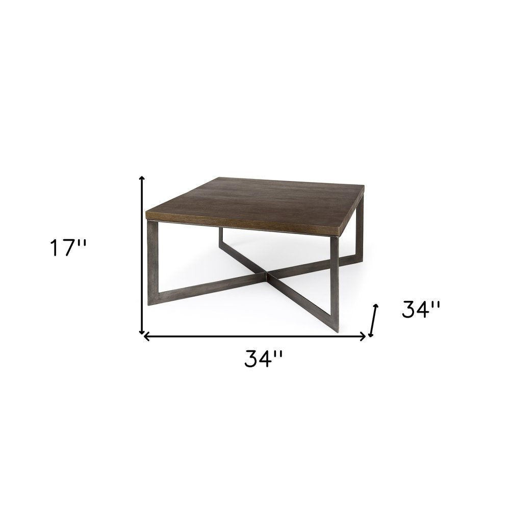 34" Brown Solid Wood and Metal Square Coffee Table