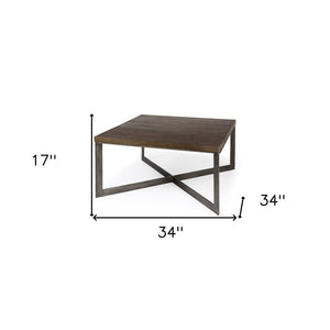 34" Brown Solid Wood and Metal Square Coffee Table