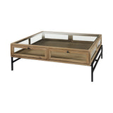 42" Clear and Black Glass and Metal Square Coffee Table With Two Drawers And Shelf