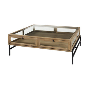 42" Clear and Black Glass and Metal Square Coffee Table With Two Drawers And Shelf
