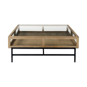 42" Clear and Black Glass and Metal Square Coffee Table With Two Drawers And Shelf