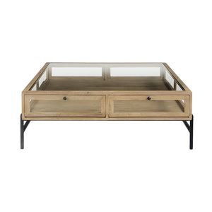 42" Clear and Black Glass and Metal Square Coffee Table With Two Drawers And Shelf