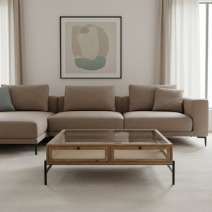 42" Clear and Black Glass and Metal Square Coffee Table With Two Drawers And Shelf