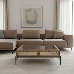 42" Clear and Black Glass and Metal Square Coffee Table With Two Drawers And Shelf