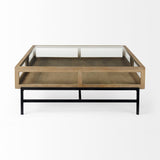 42" Clear and Black Glass and Metal Square Coffee Table With Two Drawers And Shelf
